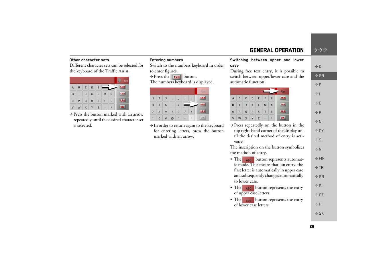 Other character sets, Entering numbers, Switching between upper and lower case | Switching between upper and, Lower case, General operation | Becker TRAFFIC ASSIST Z217 User Manual | Page 29 / 138