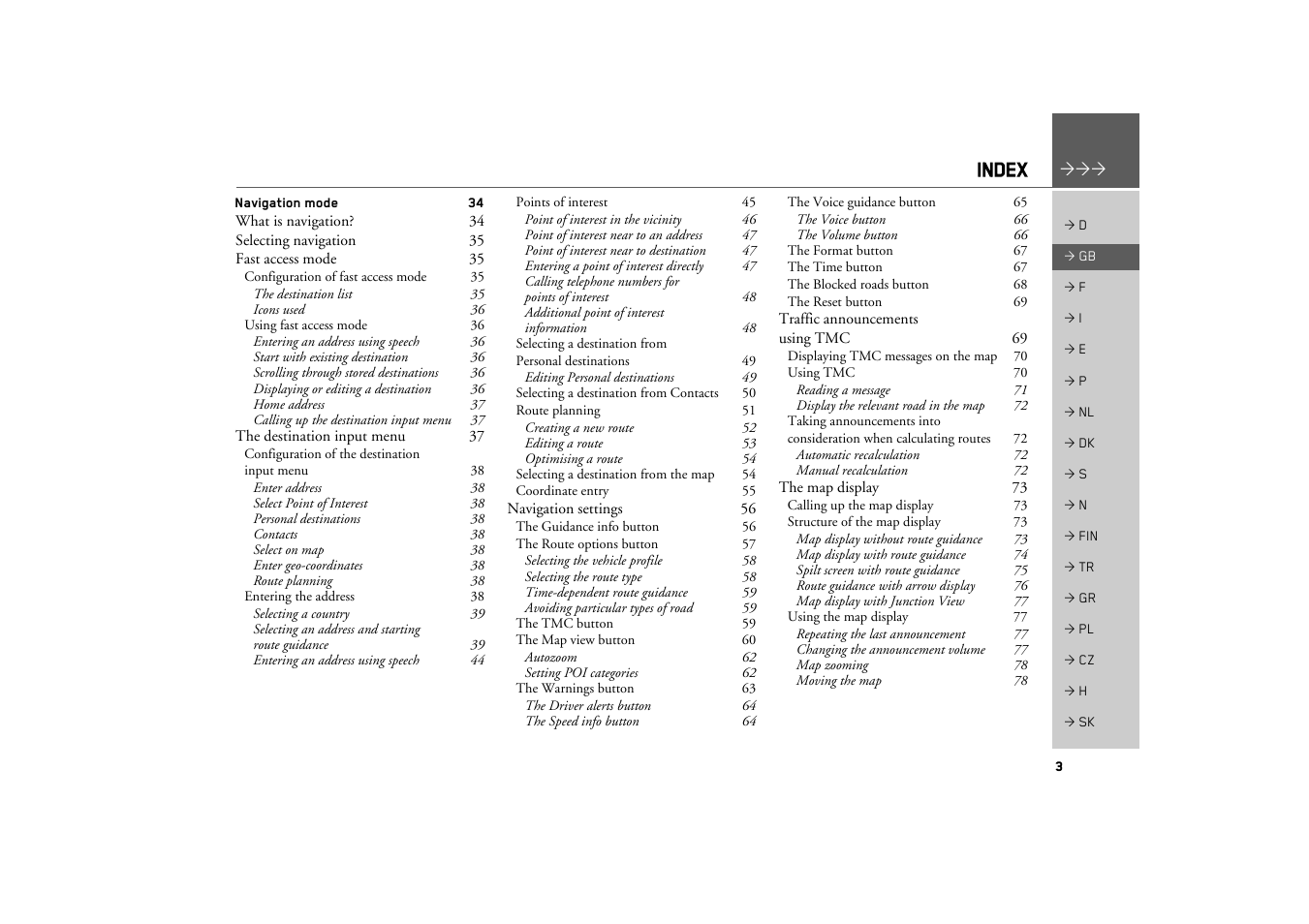 Index | Becker TRAFFIC ASSIST Z217 User Manual | Page 3 / 138