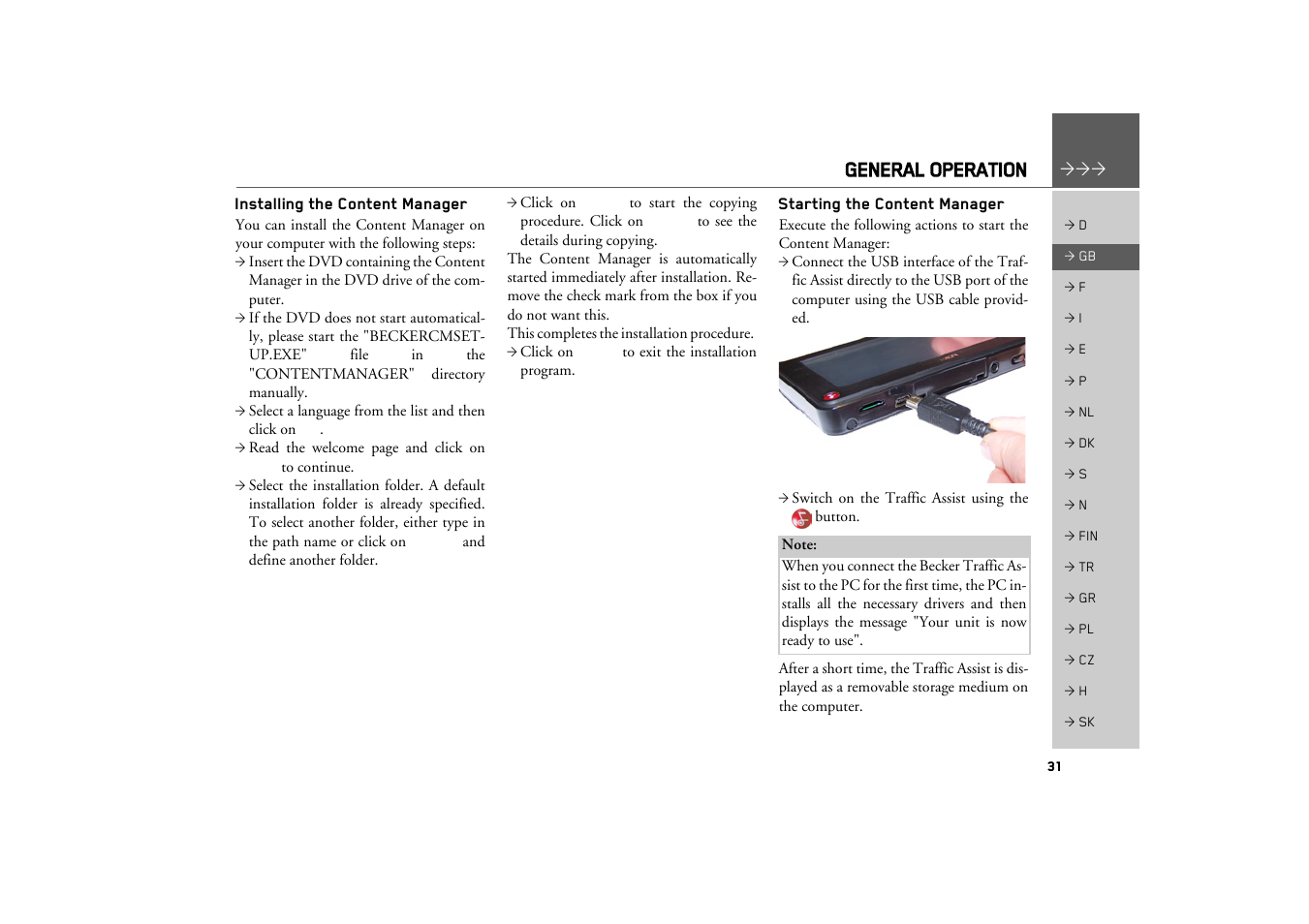 Installing the content manager, Starting the content manager, General operation | Becker TRAFFIC ASSIST Z217 User Manual | Page 31 / 138