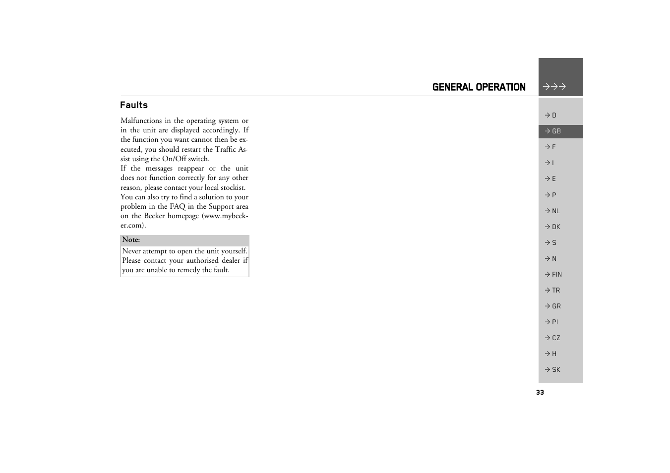 Faults, General operation | Becker TRAFFIC ASSIST Z217 User Manual | Page 33 / 138