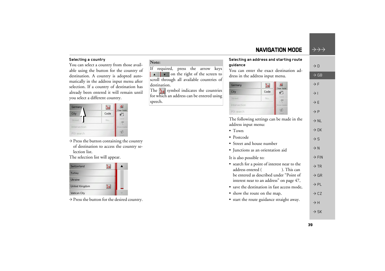Selecting a country, Selecting an address and starting route guidance, Selecting an address and starting | Route guidance, Navigation mode | Becker TRAFFIC ASSIST Z217 User Manual | Page 39 / 138
