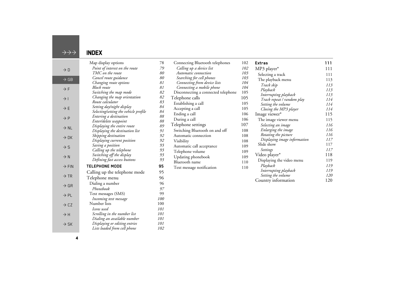 Index | Becker TRAFFIC ASSIST Z217 User Manual | Page 4 / 138