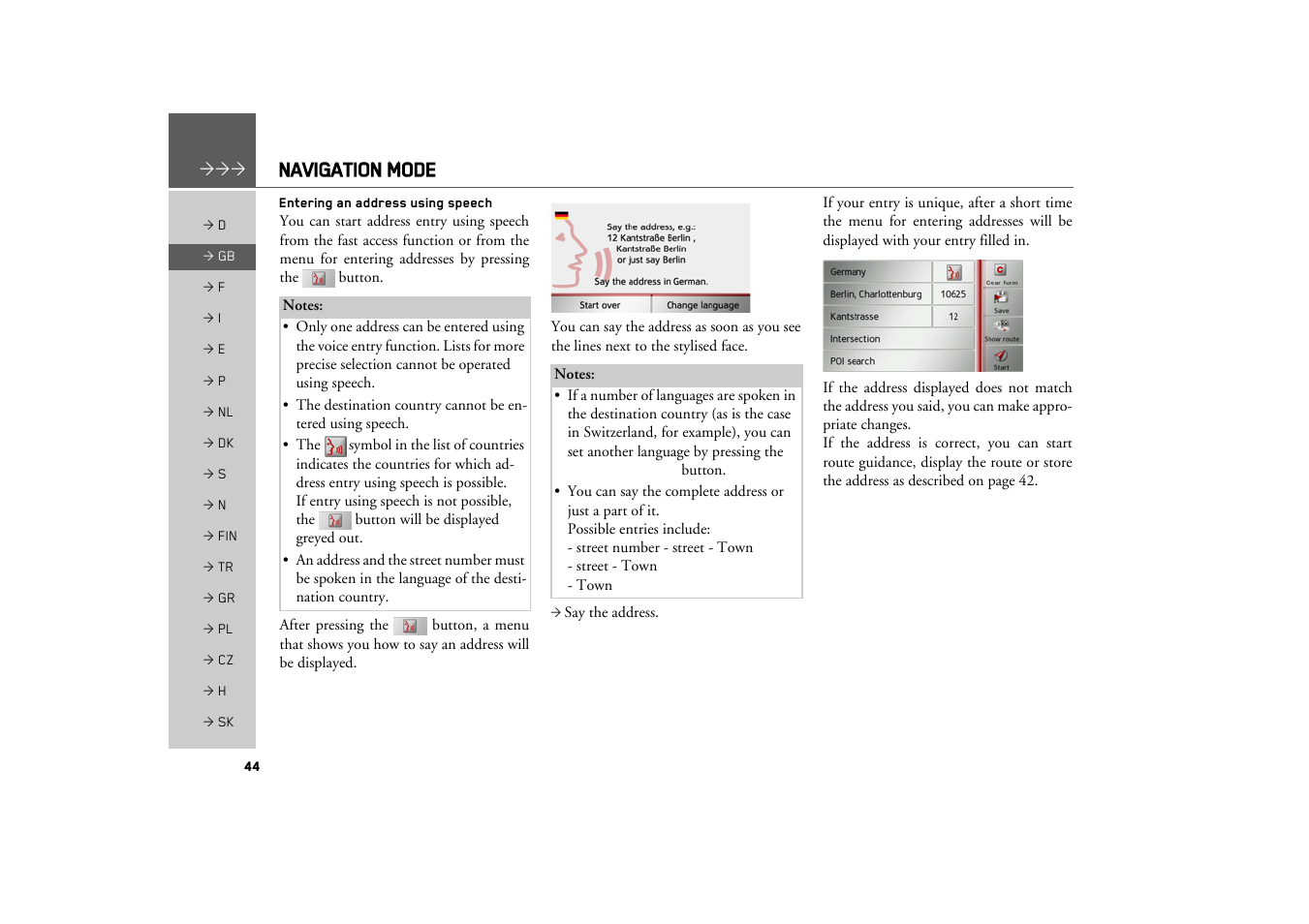 Entering an address using speech, Navigation mode | Becker TRAFFIC ASSIST Z217 User Manual | Page 44 / 138