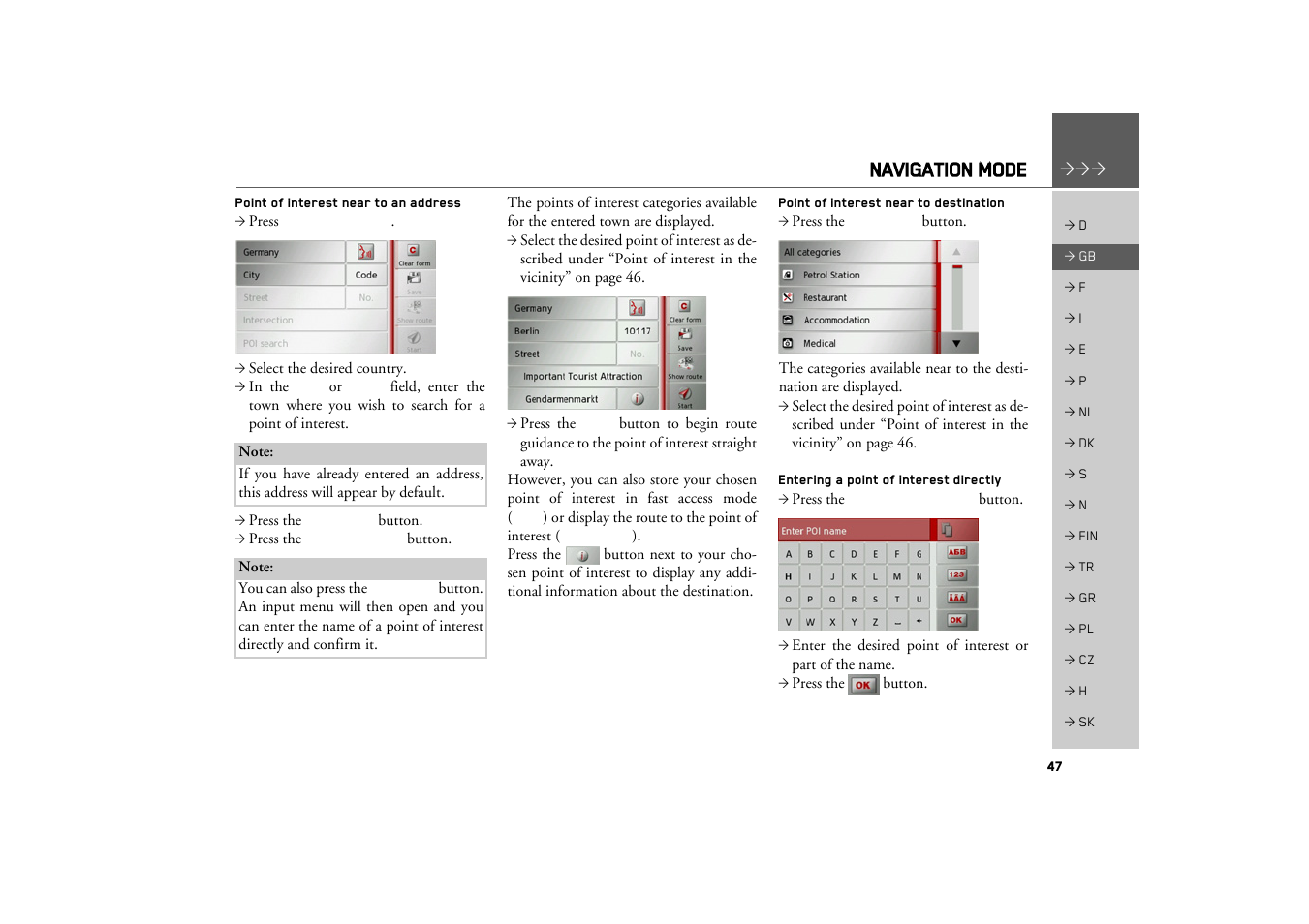 Point of interest near to an address, Point of interest near to destination, Entering a point of interest directly | Navigation mode | Becker TRAFFIC ASSIST Z217 User Manual | Page 47 / 138