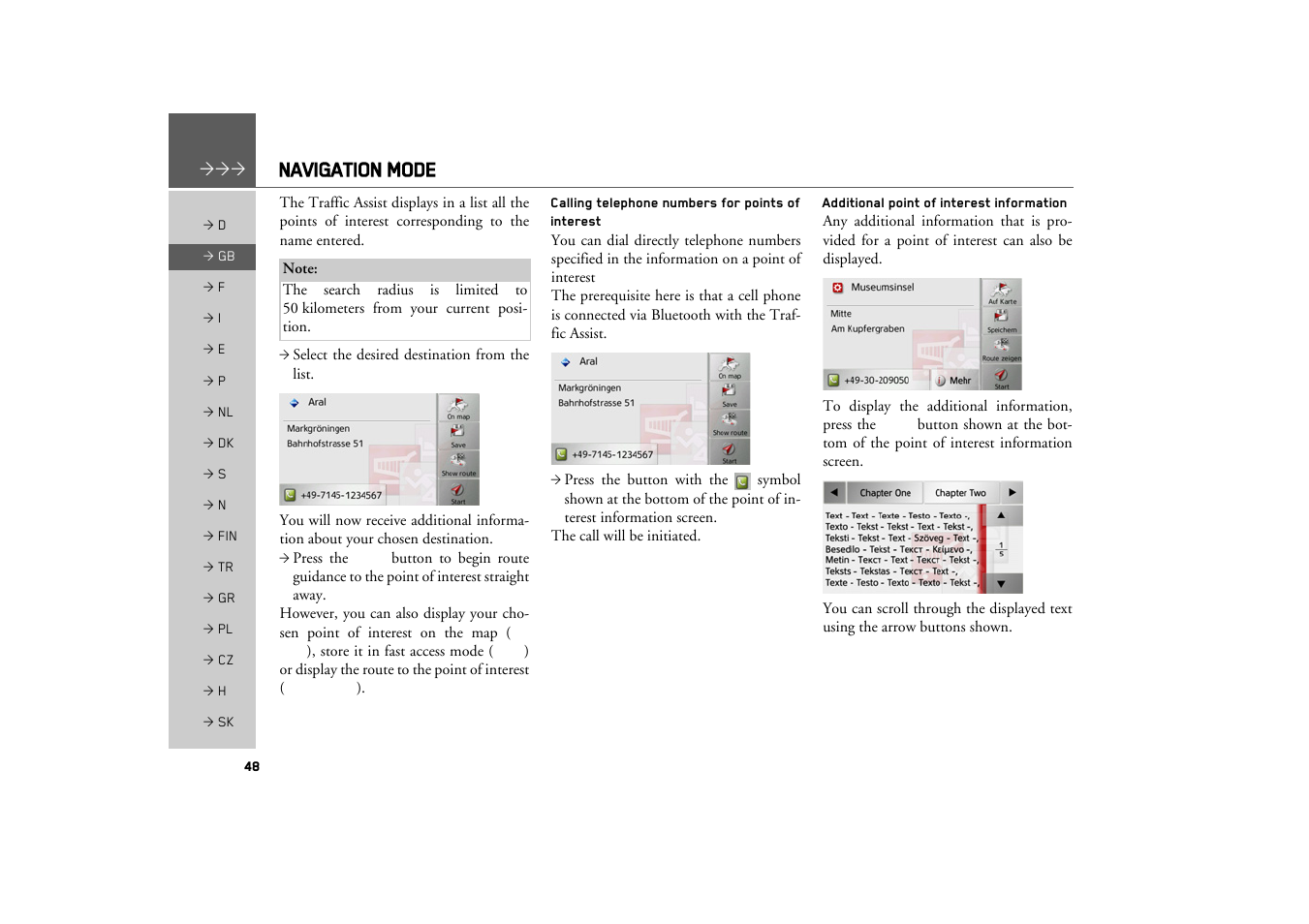 Calling telephone numbers for points of interest, Additional point of interest information, Calling telephone numbers for | Points of interest, Additional point of interest, Information, Navigation mode | Becker TRAFFIC ASSIST Z217 User Manual | Page 48 / 138