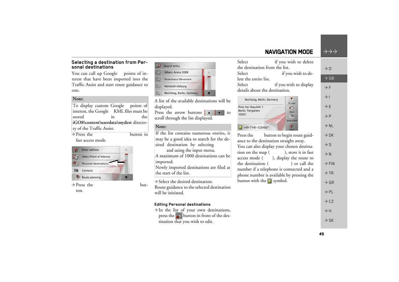 Selecting a destination from personal destinations, Editing personal destinations, See “selecting a destination from per | Navigation mode | Becker TRAFFIC ASSIST Z217 User Manual | Page 49 / 138