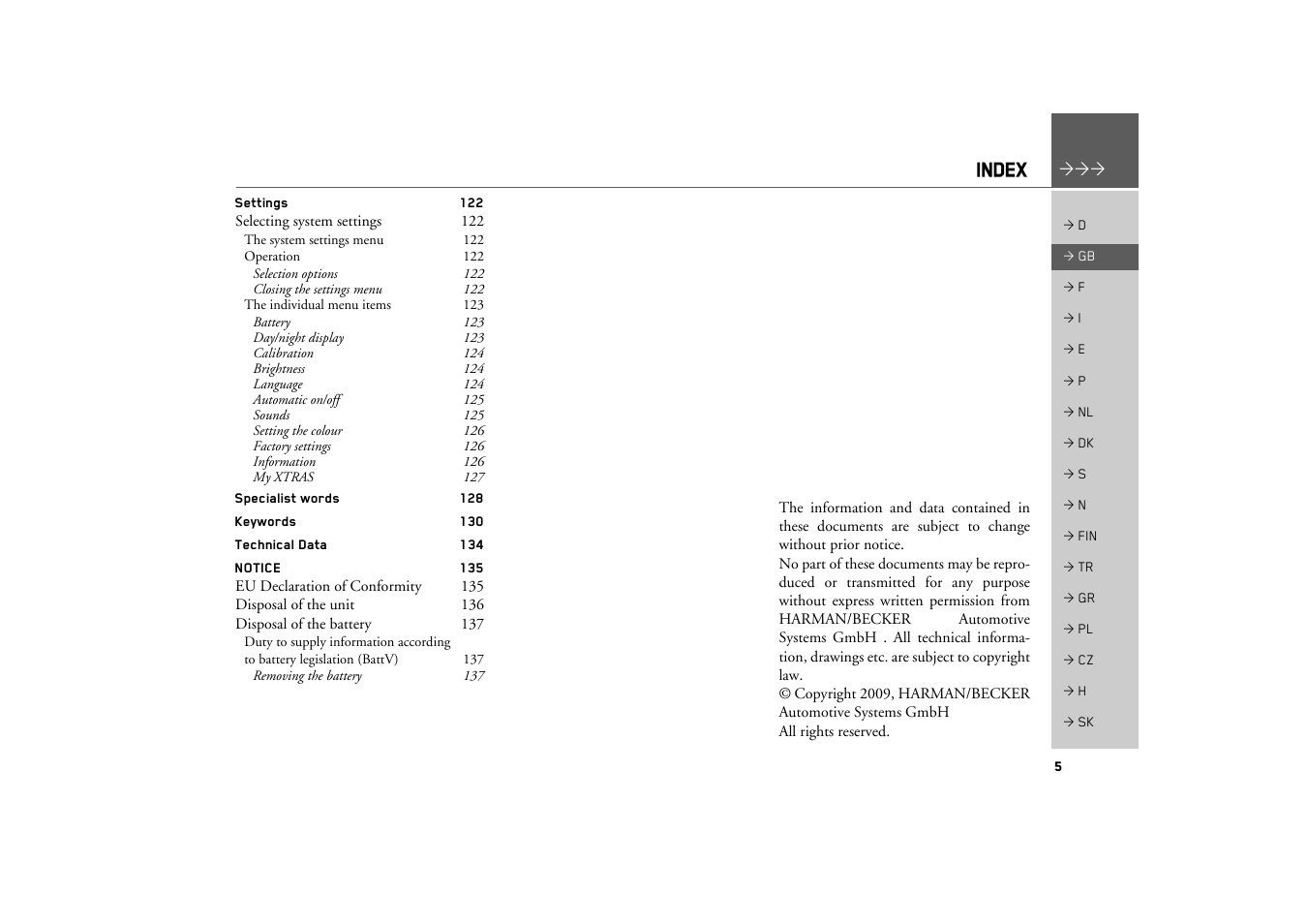 Index | Becker TRAFFIC ASSIST Z217 User Manual | Page 5 / 138