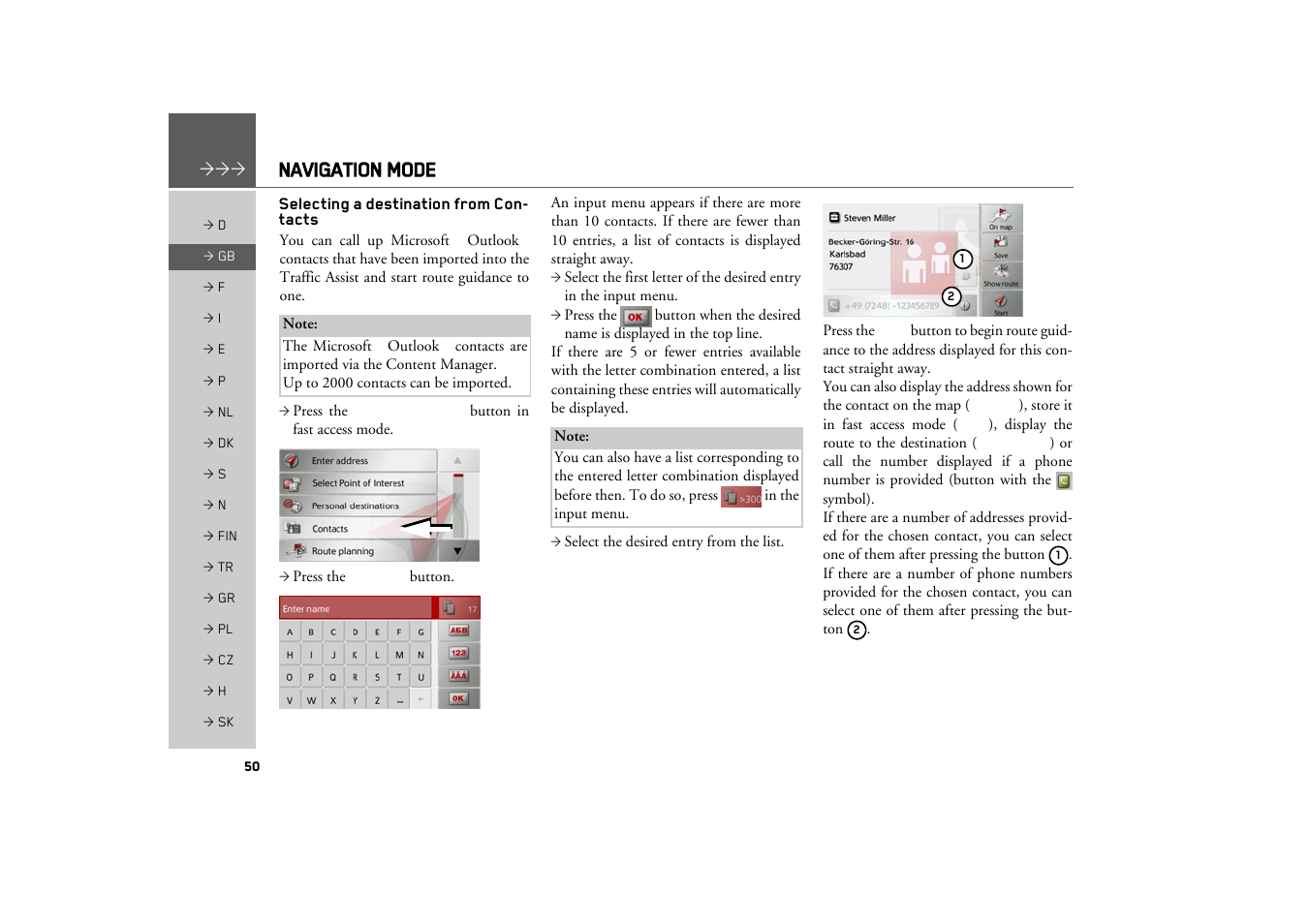 Selecting a destination from contacts, See “selecting a destination from con, Navigation mode | Becker TRAFFIC ASSIST Z217 User Manual | Page 50 / 138