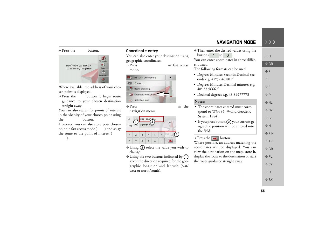 Coordinate entry, Navigation mode | Becker TRAFFIC ASSIST Z217 User Manual | Page 55 / 138