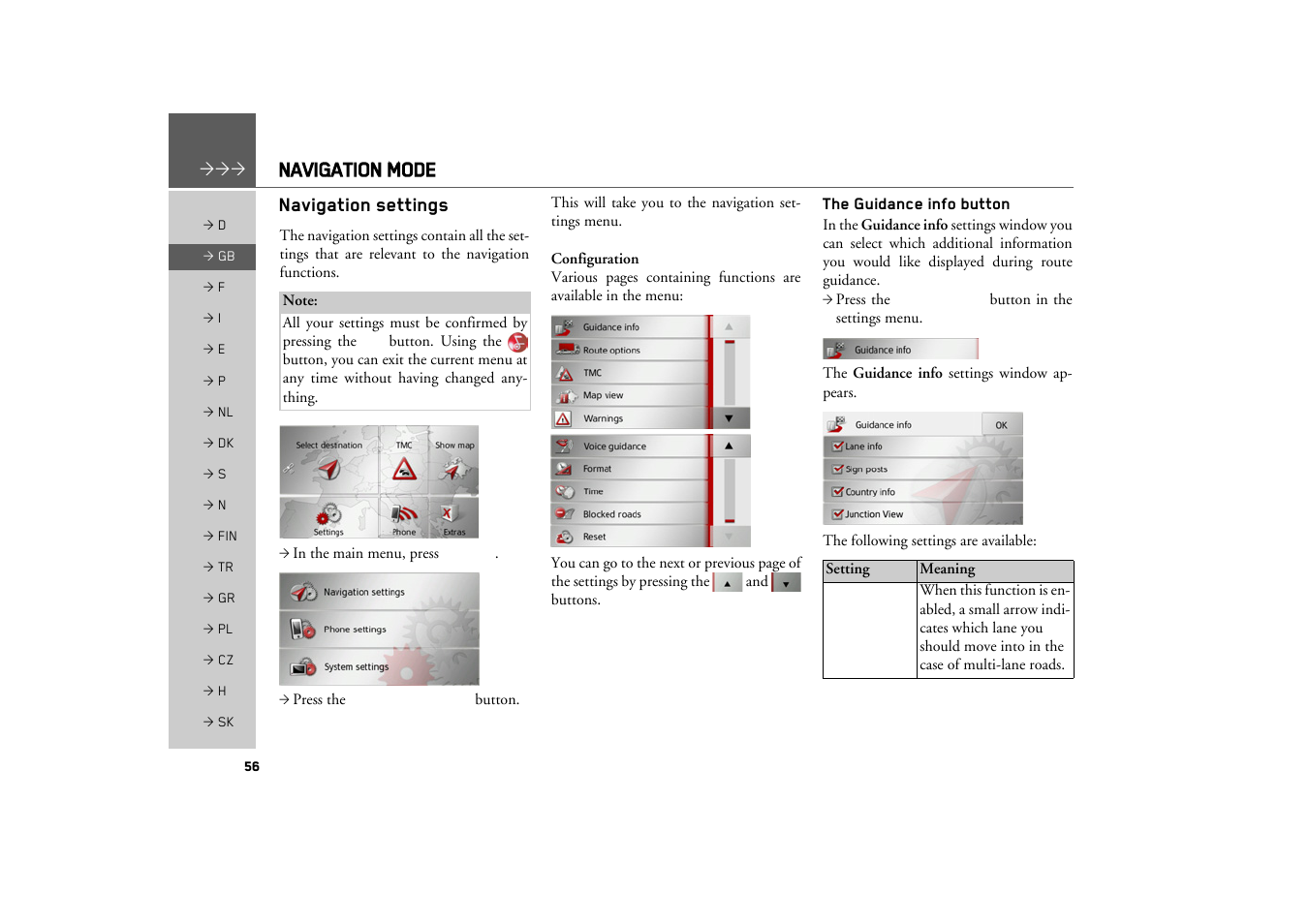 Navigation settings, The guidance info button, Navigation mode | Becker TRAFFIC ASSIST Z217 User Manual | Page 56 / 138