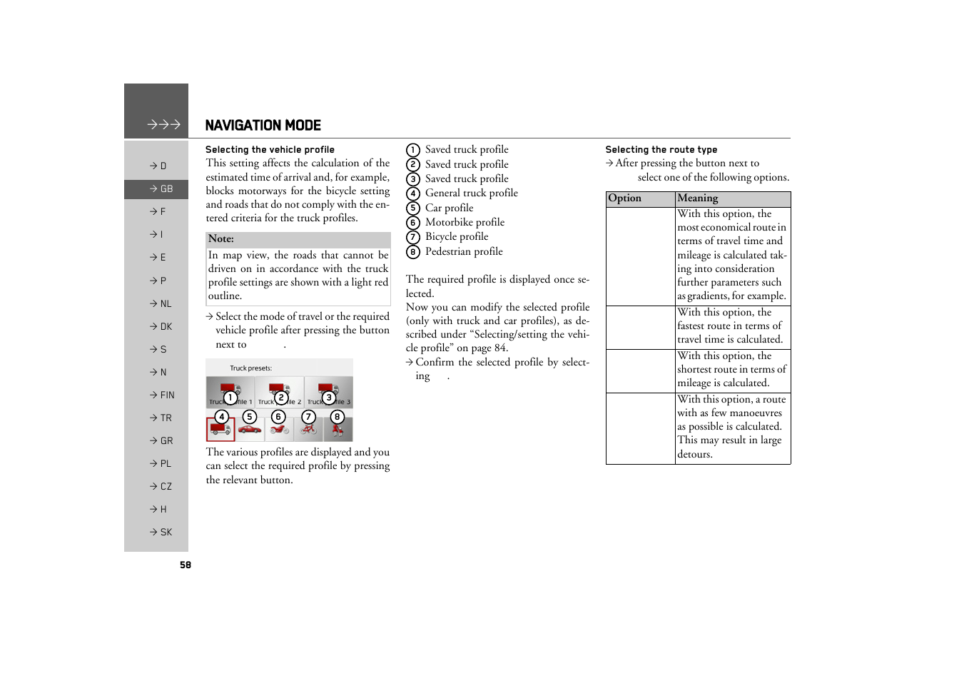 Selecting the vehicle profile, Selecting the route type, Navigation mode | Becker TRAFFIC ASSIST Z217 User Manual | Page 58 / 138