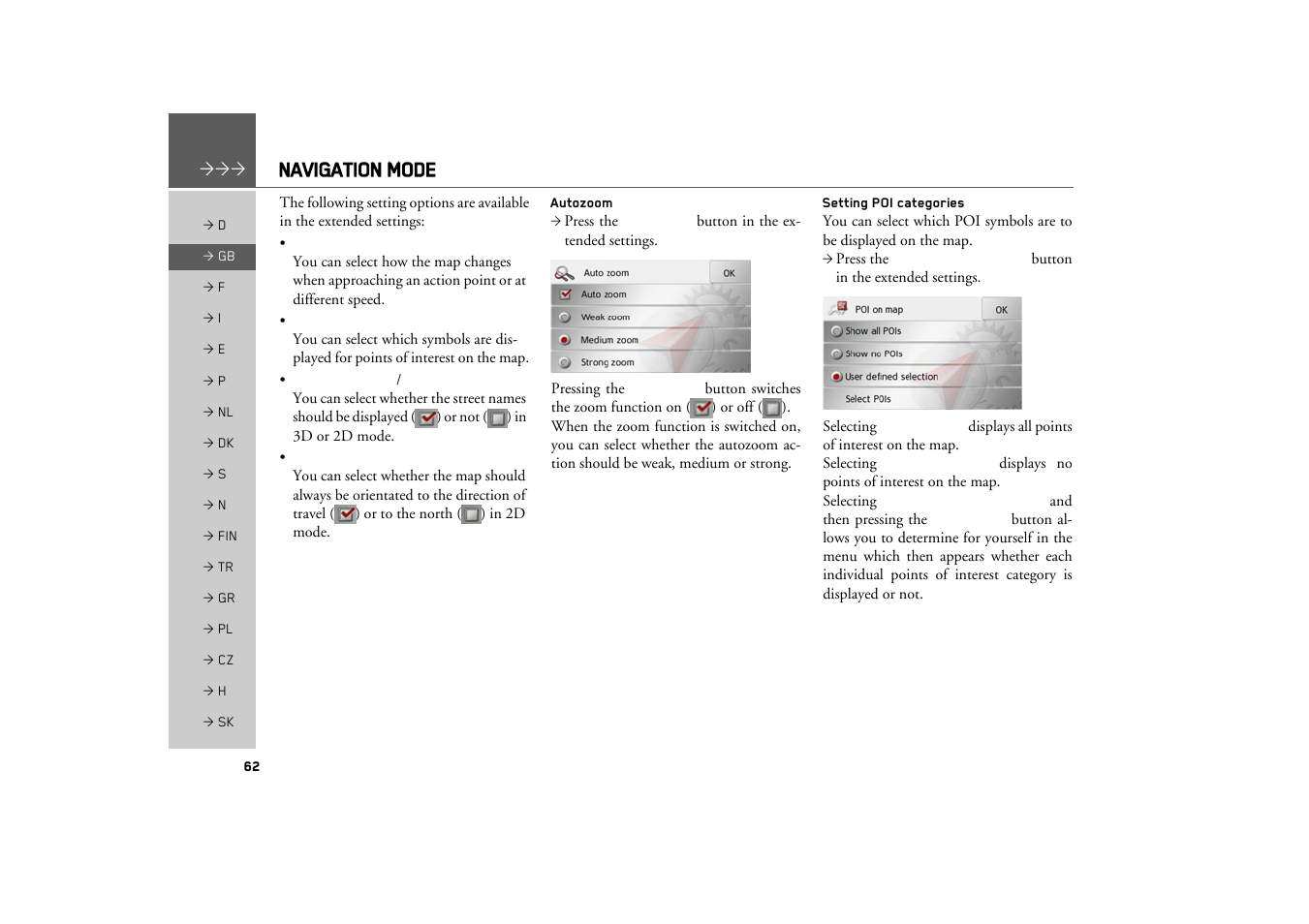 Autozoom, Setting poi categories, Navigation mode | Becker TRAFFIC ASSIST Z217 User Manual | Page 62 / 138