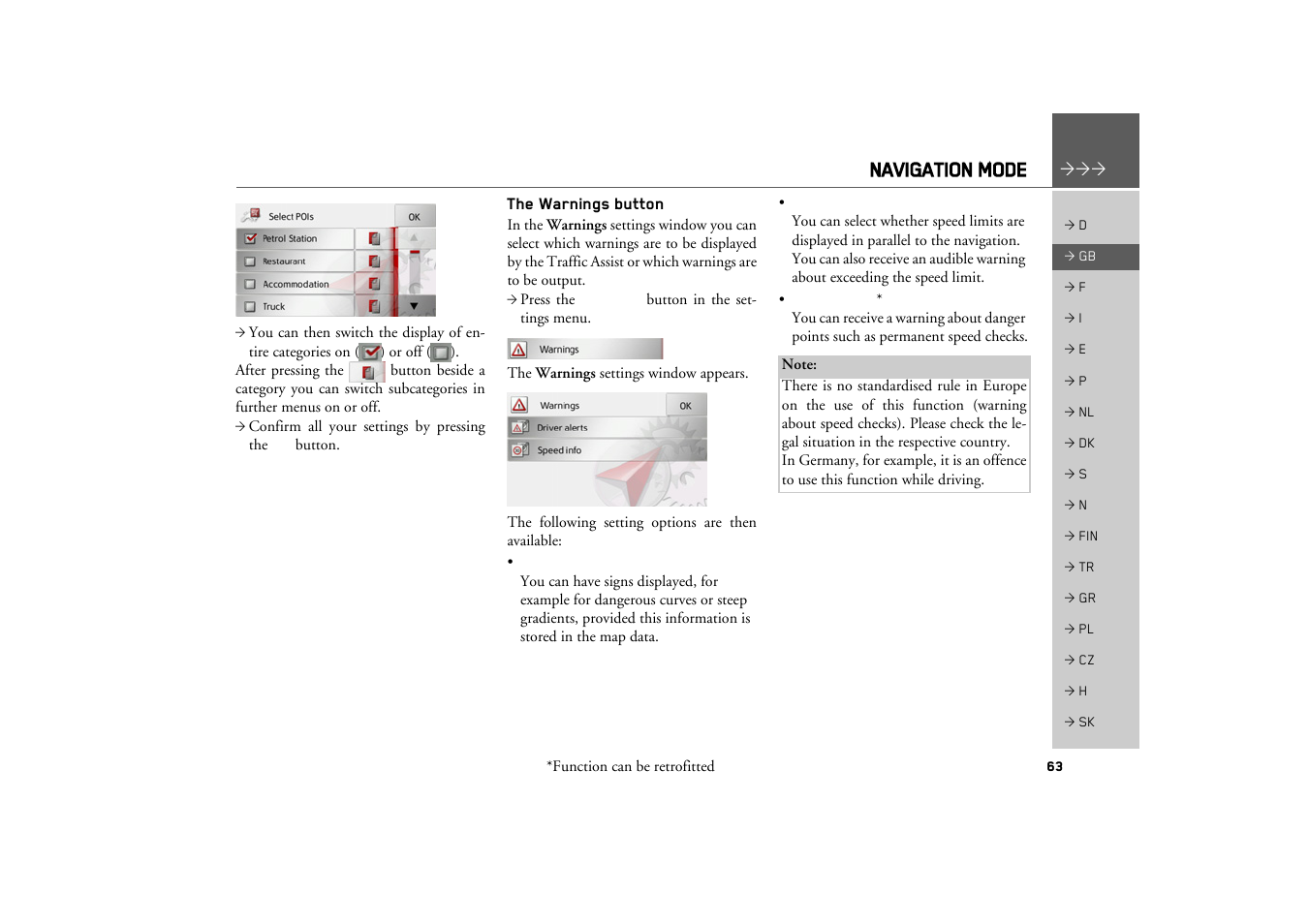 The warnings button, Navigation mode | Becker TRAFFIC ASSIST Z217 User Manual | Page 63 / 138