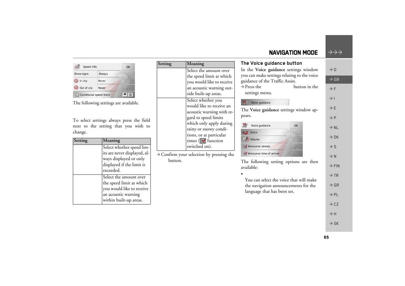 The voice guidance button, Navigation mode | Becker TRAFFIC ASSIST Z217 User Manual | Page 65 / 138