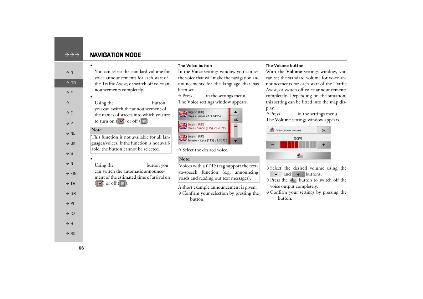 The voice button, The volume button, Navigation mode | Becker TRAFFIC ASSIST Z217 User Manual | Page 66 / 138