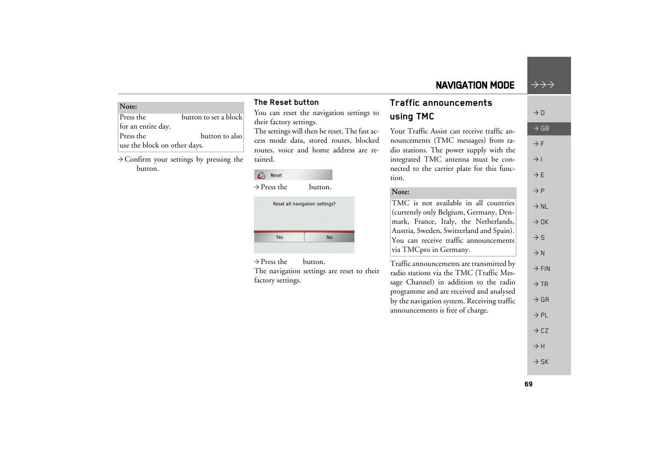 The reset button, Traffic announcements using tmc, Navigation mode | Becker TRAFFIC ASSIST Z217 User Manual | Page 69 / 138