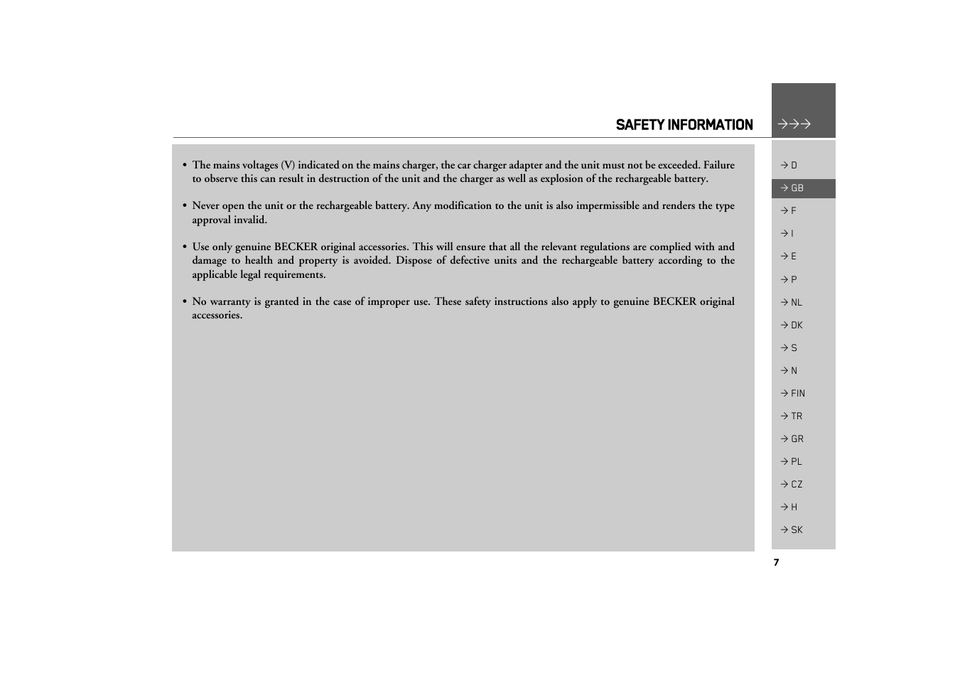 Safety information | Becker TRAFFIC ASSIST Z217 User Manual | Page 7 / 138