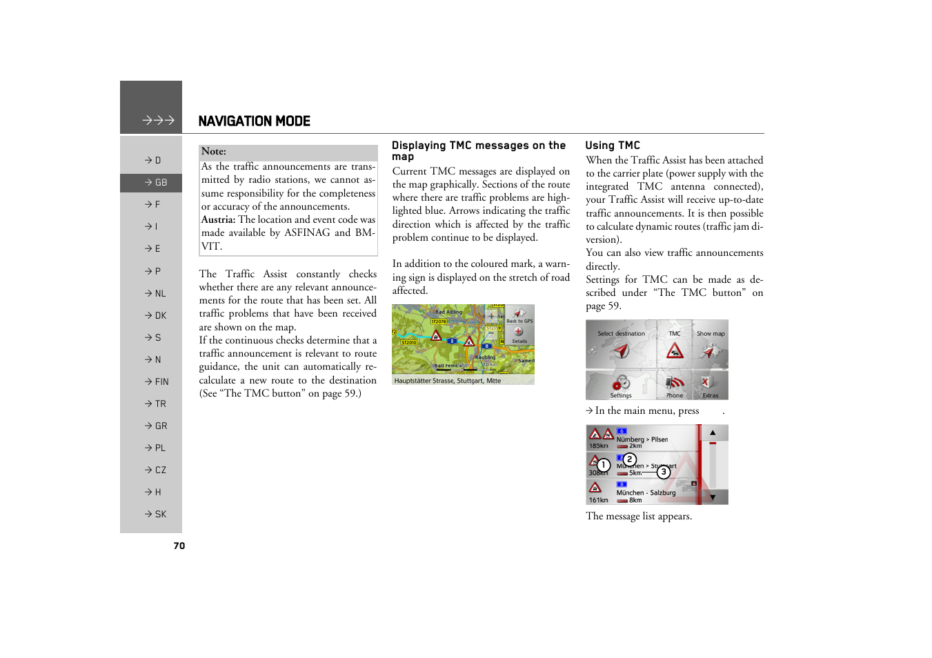 Displaying tmc messages on the map, Using tmc, Displaying tmc messages on the map 70 using tmc | Navigation mode | Becker TRAFFIC ASSIST Z217 User Manual | Page 70 / 138