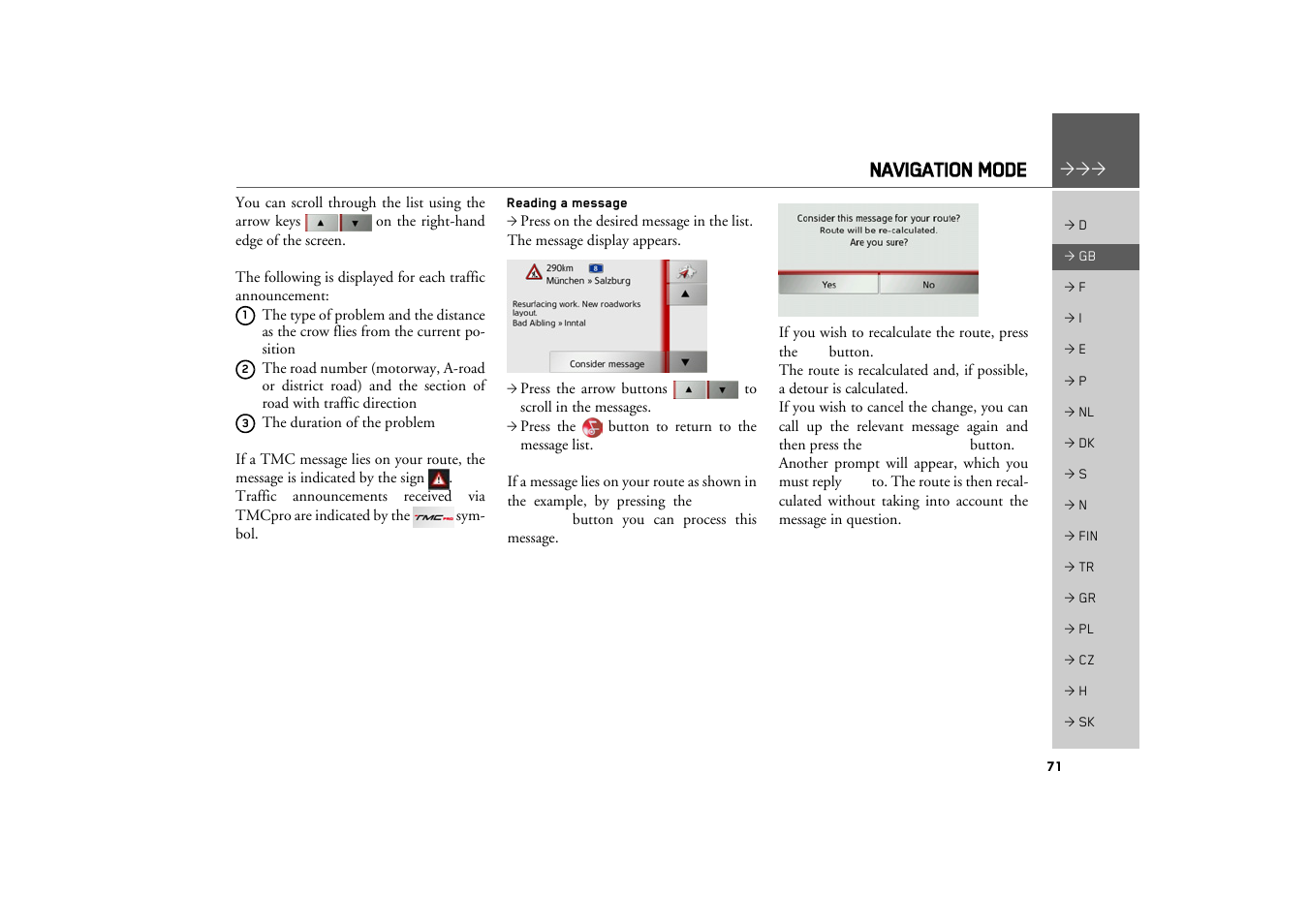 Reading a message, Navigation mode | Becker TRAFFIC ASSIST Z217 User Manual | Page 71 / 138