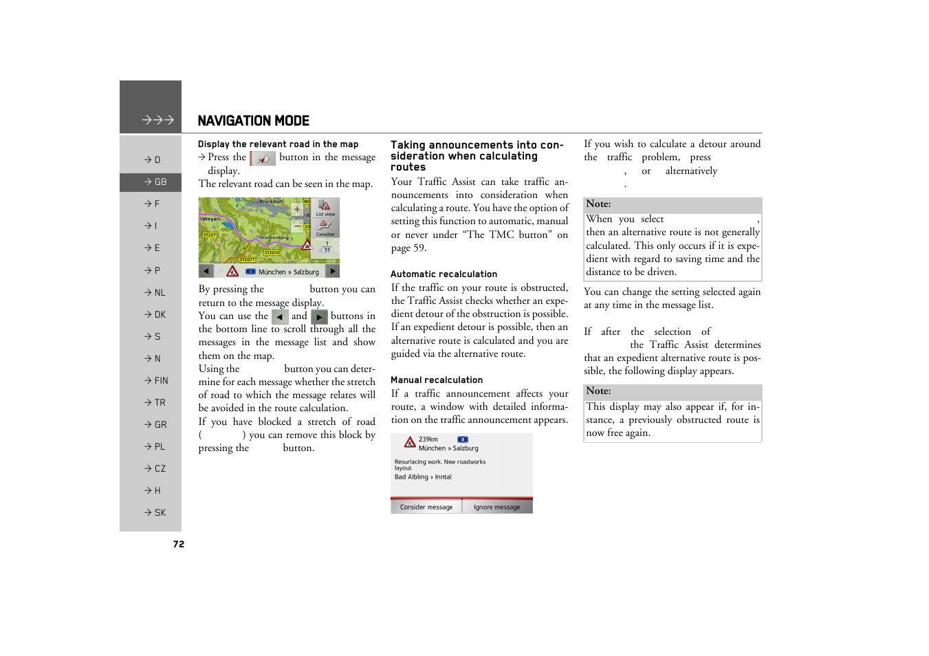 Display the relevant road in the map, Automatic recalculation, Manual recalculation | Navigation mode | Becker TRAFFIC ASSIST Z217 User Manual | Page 72 / 138