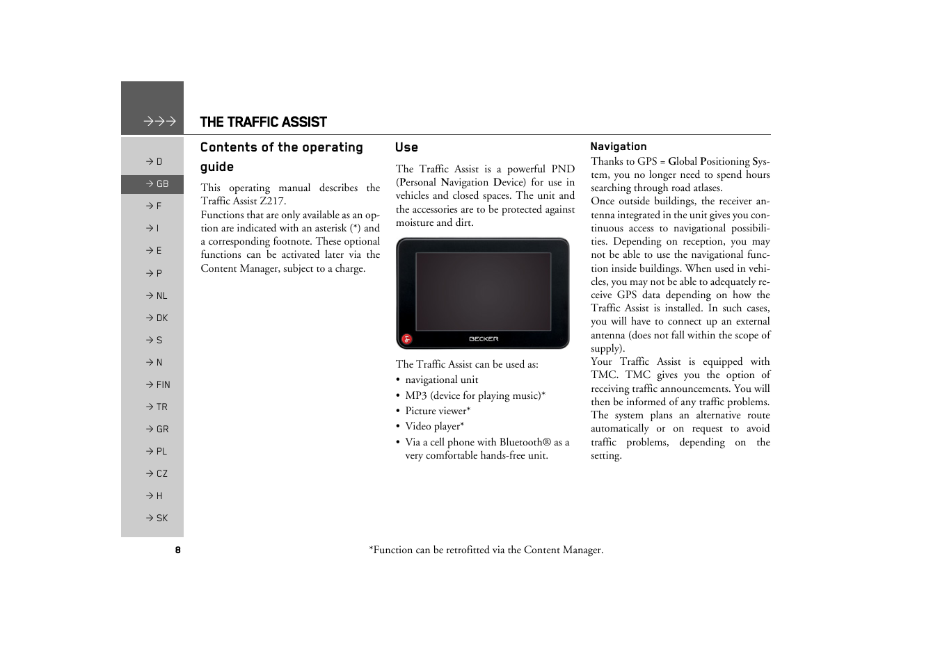 The traffic assist, Contents of the operating guide, Navigation | Becker TRAFFIC ASSIST Z217 User Manual | Page 8 / 138