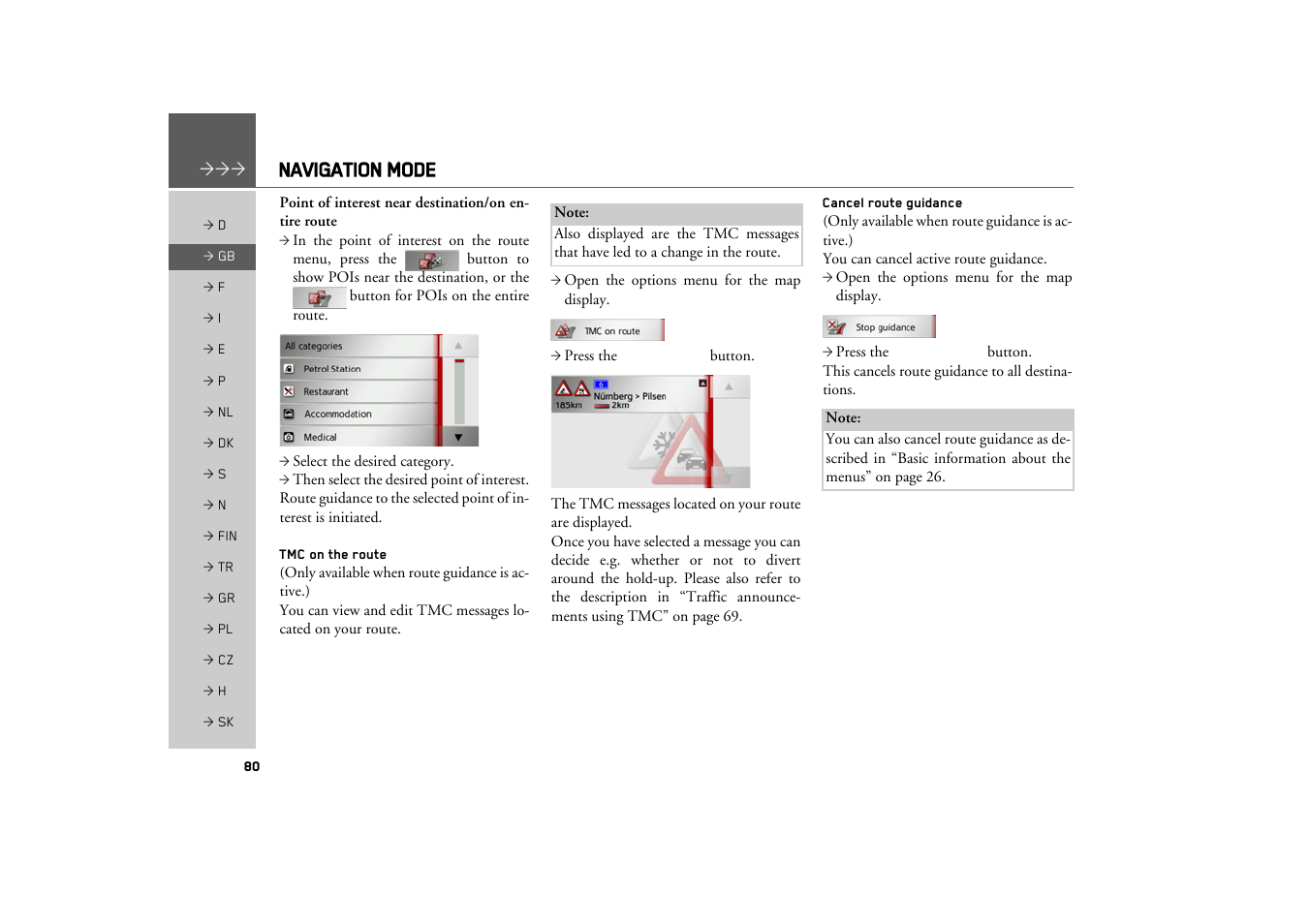 Tmc on the route, Cancel route guidance, Navigation mode | Becker TRAFFIC ASSIST Z217 User Manual | Page 80 / 138