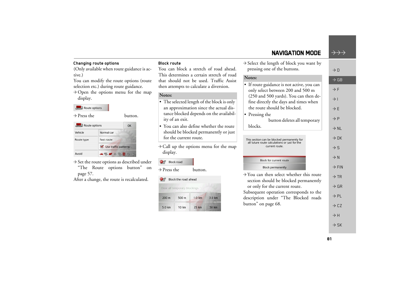 Changing route options, Block route, Navigation mode | Becker TRAFFIC ASSIST Z217 User Manual | Page 81 / 138