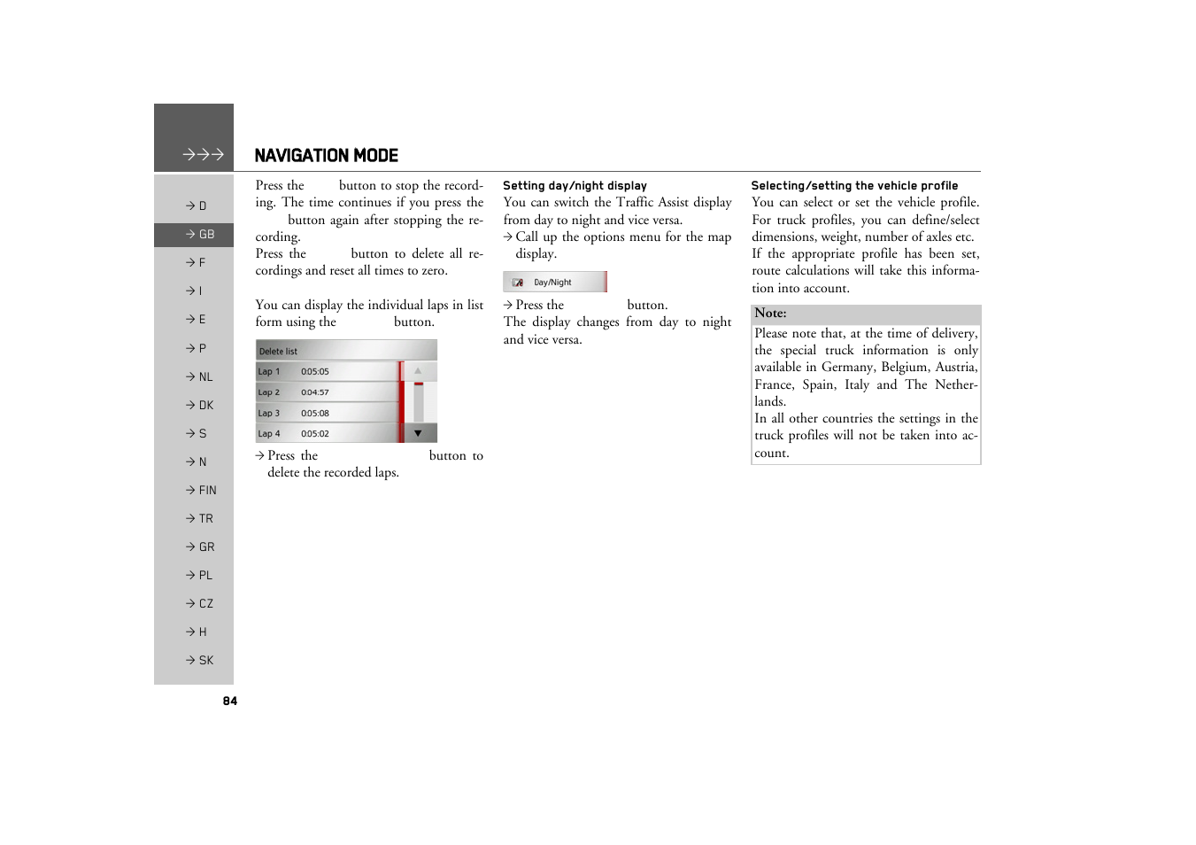 Setting day/night display, Selecting/setting the vehicle profile, Navigation mode | Becker TRAFFIC ASSIST Z217 User Manual | Page 84 / 138