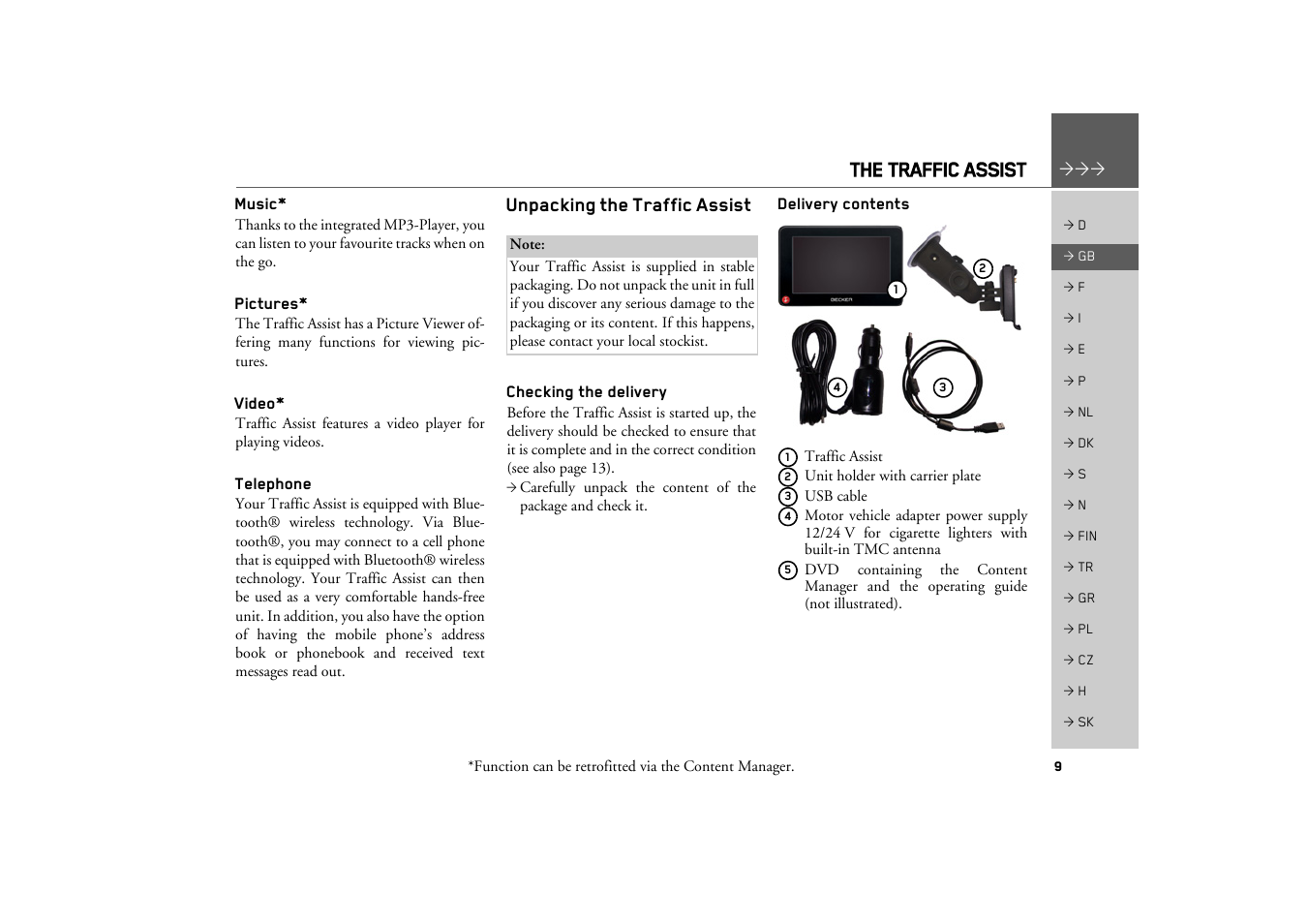 Music, Pictures, Video | Telephone, Unpacking the traffic assist, Checking the delivery, Delivery contents, The traffic assist | Becker TRAFFIC ASSIST Z217 User Manual | Page 9 / 138