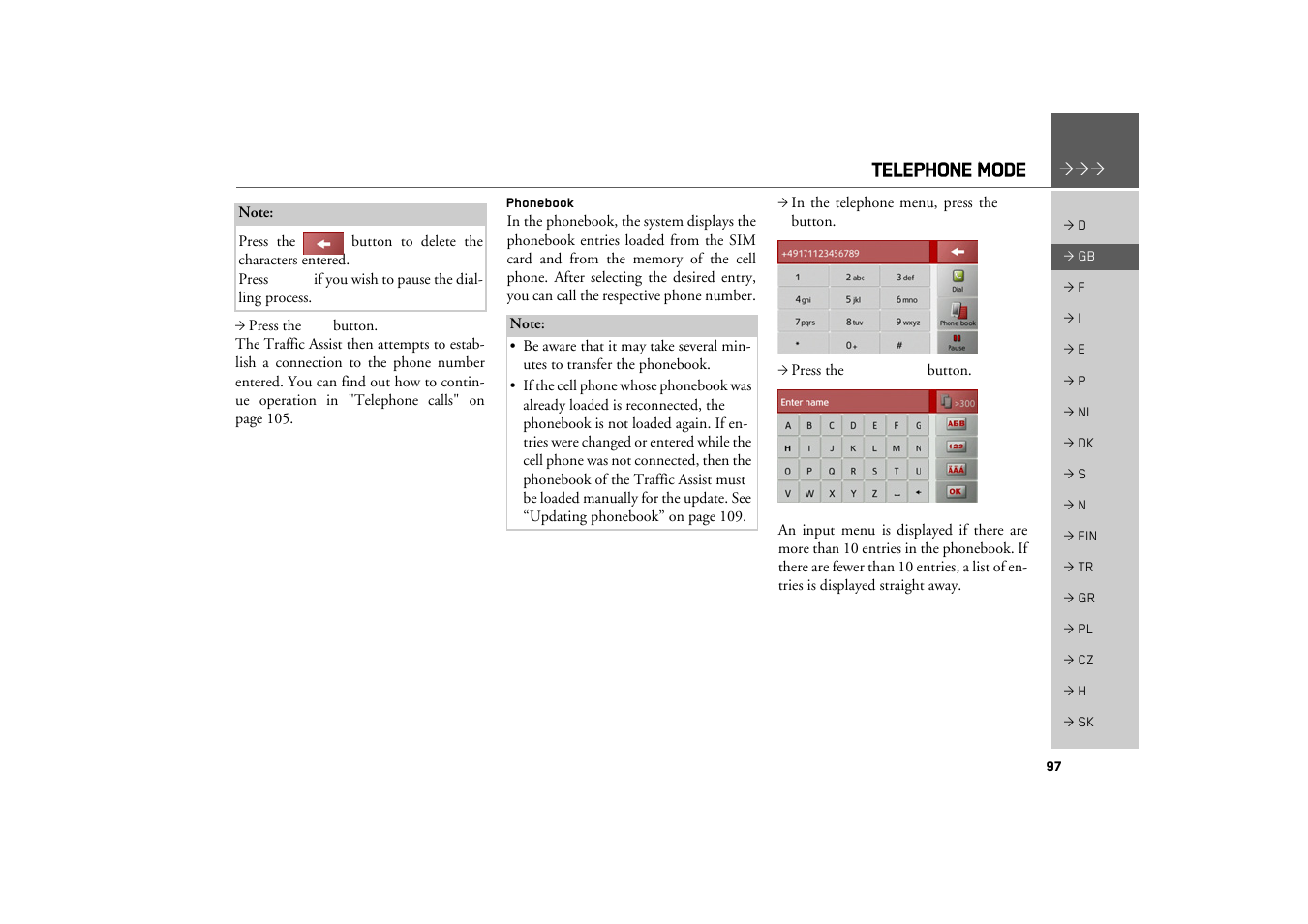 Phonebook, Telephone mode | Becker TRAFFIC ASSIST Z217 User Manual | Page 97 / 138