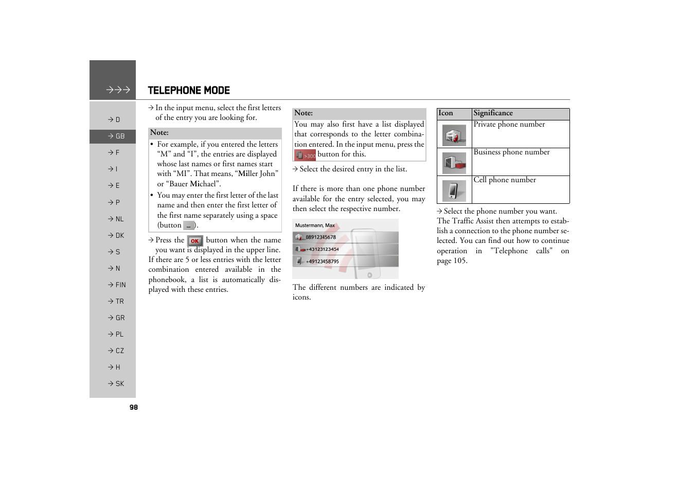 Telephone mode | Becker TRAFFIC ASSIST Z217 User Manual | Page 98 / 138