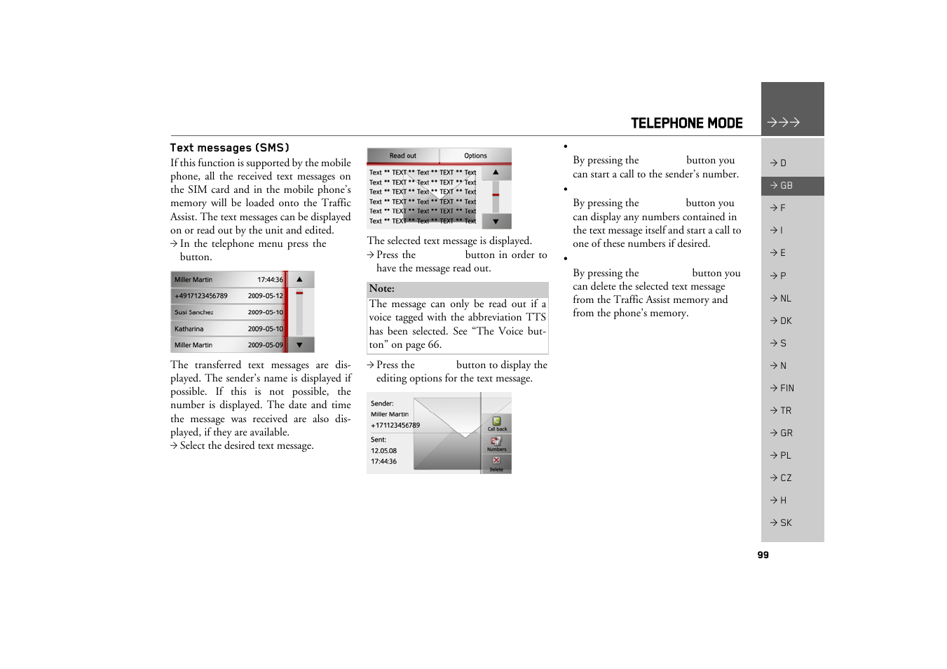 Text messages (sms), Telephone mode | Becker TRAFFIC ASSIST Z217 User Manual | Page 99 / 138