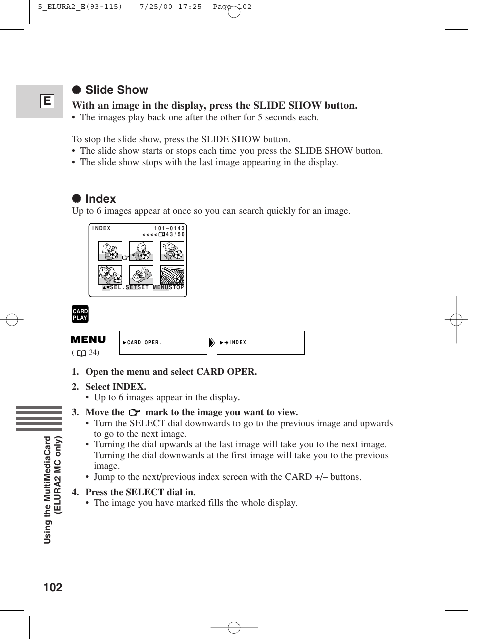 102 e, Slide show, Index | Canon Elura 2 MC User Manual | Page 102 / 147