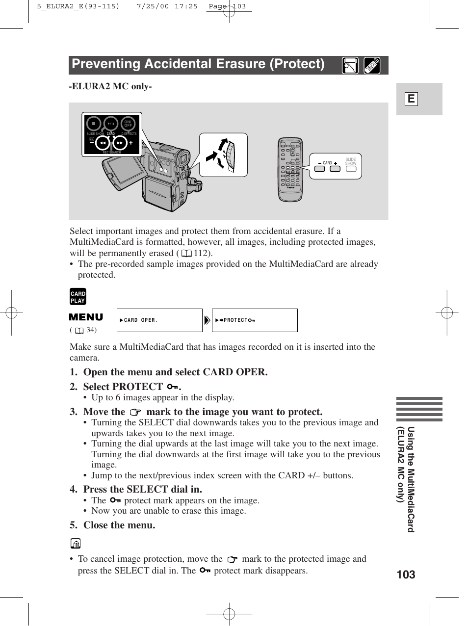 Preventing accidental erasure (protect), 103 e, Move the mark to the image you want to protect | Press the select dial in, Close the menu | Canon Elura 2 MC User Manual | Page 103 / 147