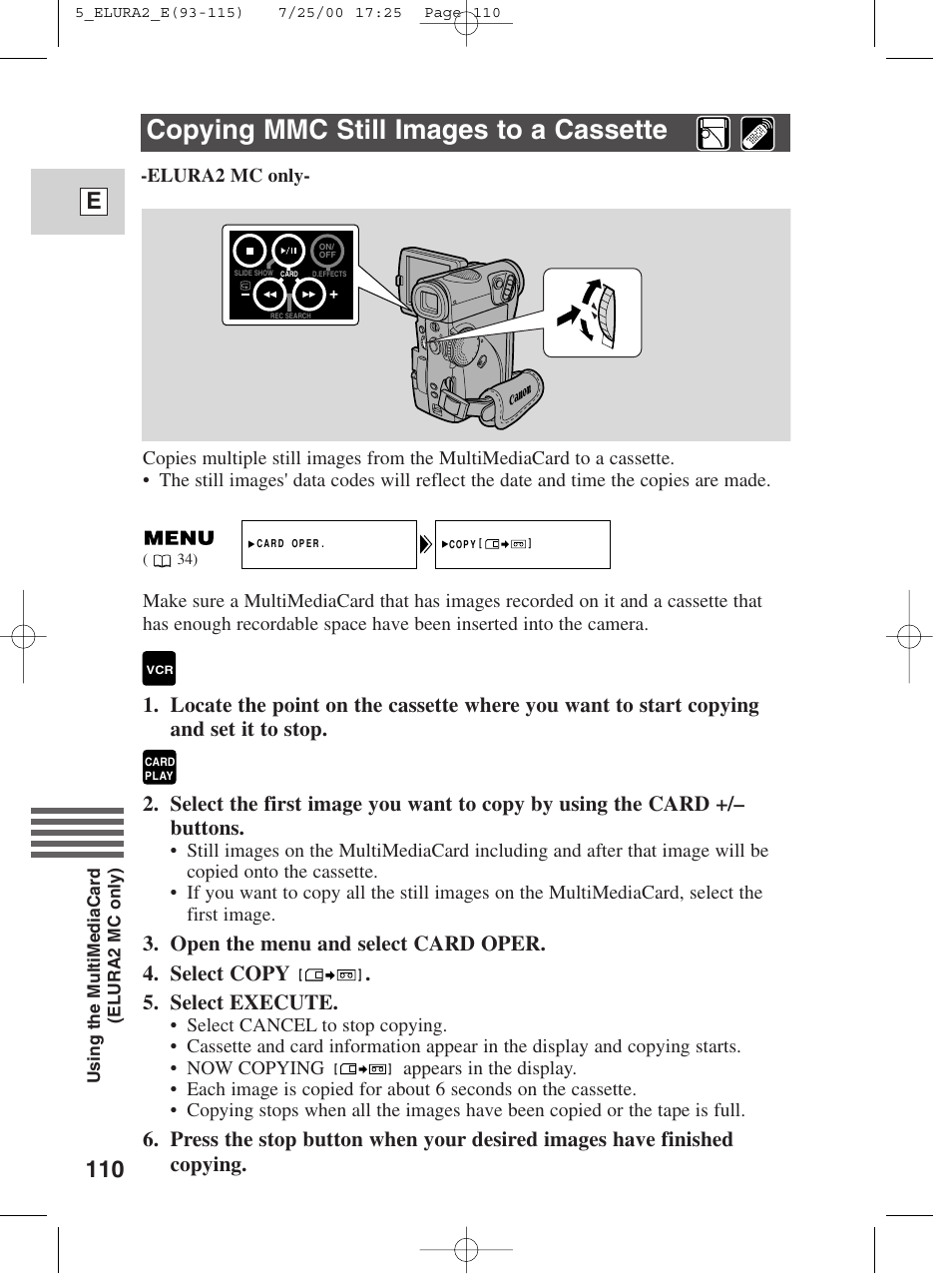 Copying mmc still images to a cassette, 110 e | Canon Elura 2 MC User Manual | Page 110 / 147