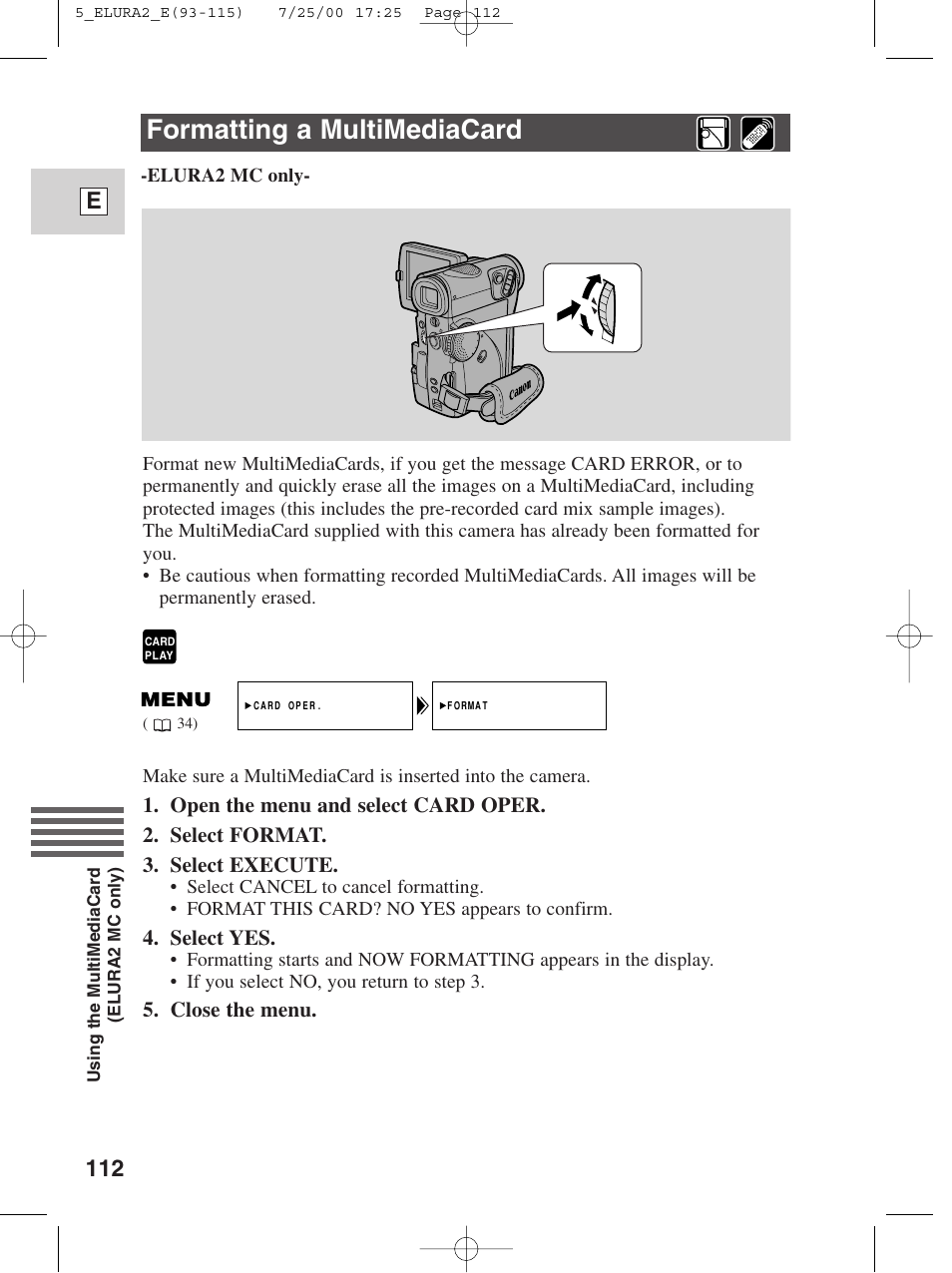 Formatting a multimediacard, 112 e | Canon Elura 2 MC User Manual | Page 112 / 147