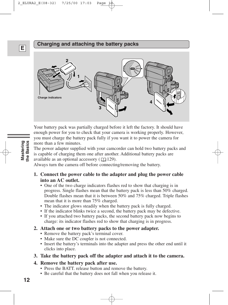 12 e, Charging and attaching the battery packs | Canon Elura 2 MC User Manual | Page 12 / 147