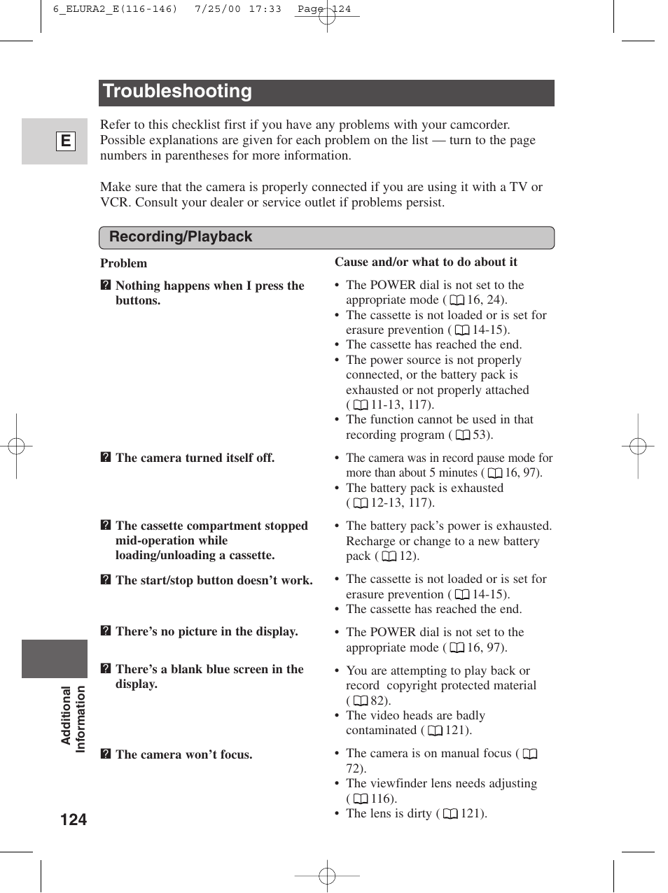 Troubleshooting, 124 e | Canon Elura 2 MC User Manual | Page 124 / 147