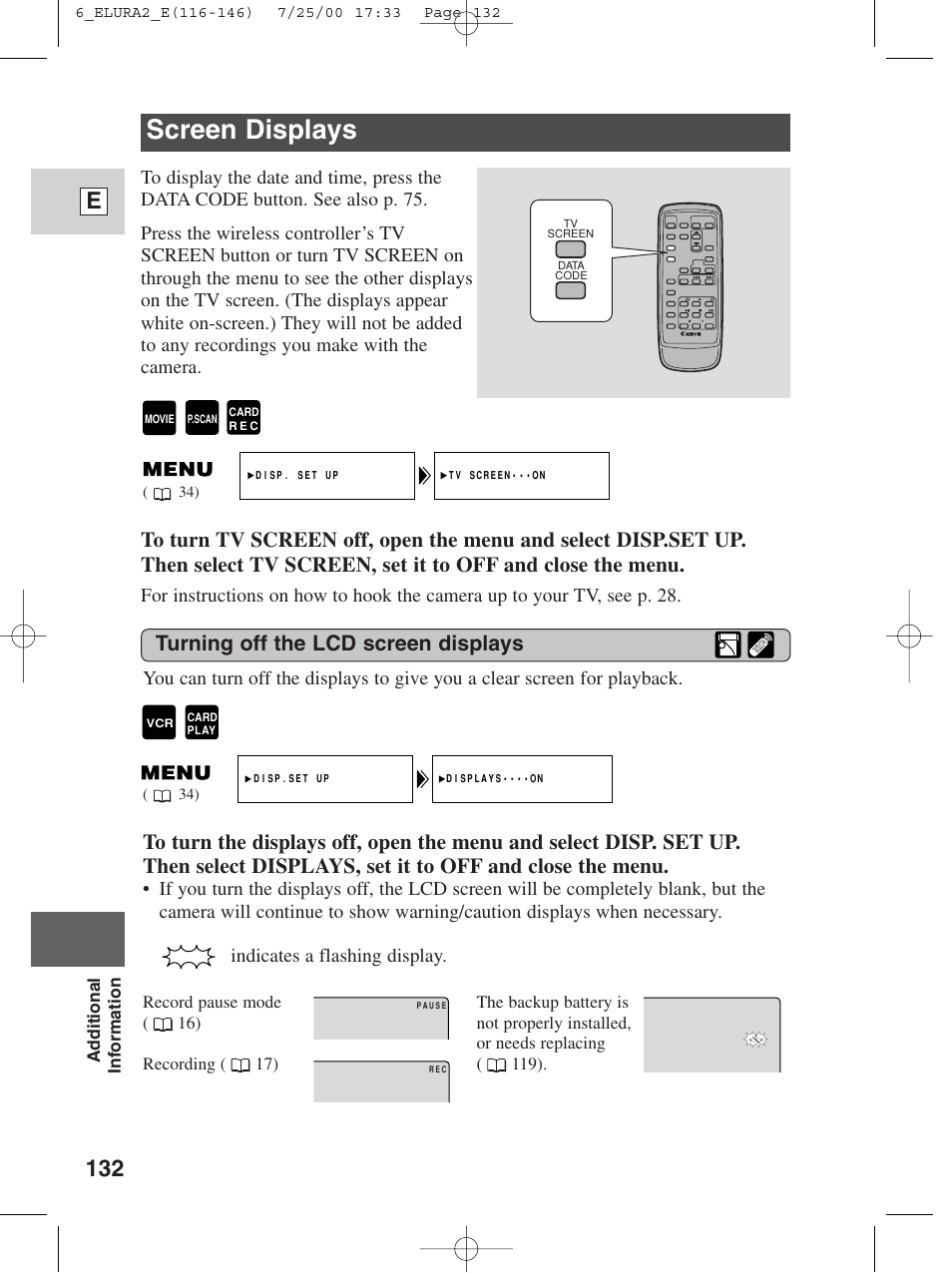 Screen displays, 132 e, Turning off the lcd screen displays | Indicates a flashing display | Canon Elura 2 MC User Manual | Page 132 / 147