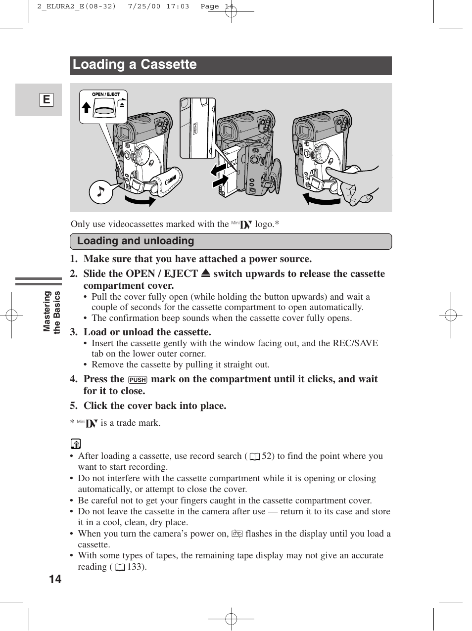 Loading a cassette, 14 e | Canon Elura 2 MC User Manual | Page 14 / 147