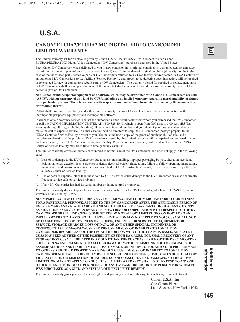 U.s.a, 145 e, Canon | Canon Elura 2 MC User Manual | Page 145 / 147