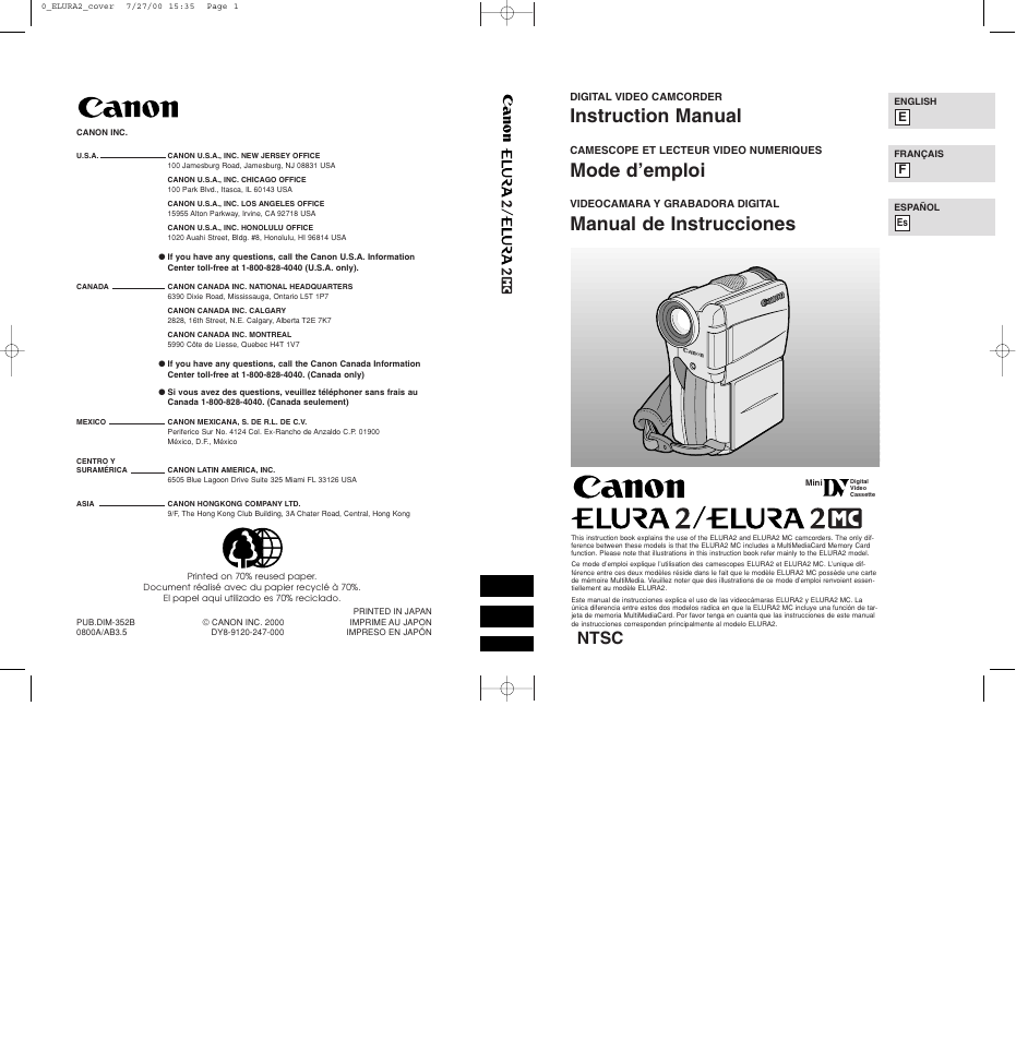 Instruction manual, Mode d’emploi, Manual de instrucciones | Ntsc | Canon Elura 2 MC User Manual | Page 147 / 147