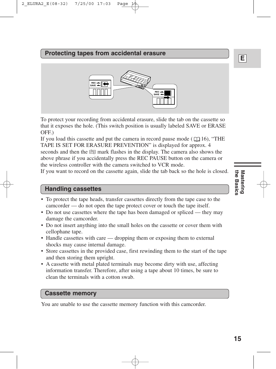 15 e, Protecting tapes from accidental erasure, Handling cassettes | Canon Elura 2 MC User Manual | Page 15 / 147