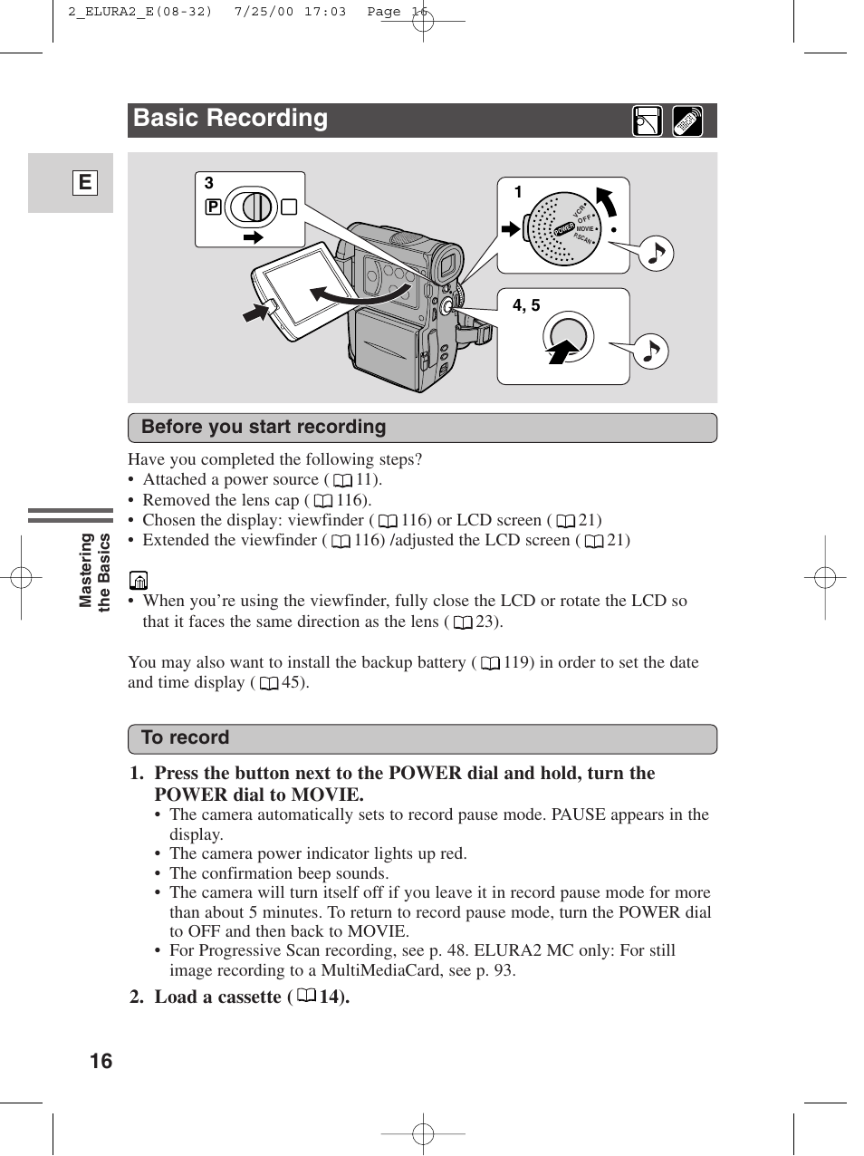 Basic recording, 16 e, Load a cassette ( 14) | Canon Elura 2 MC User Manual | Page 16 / 147