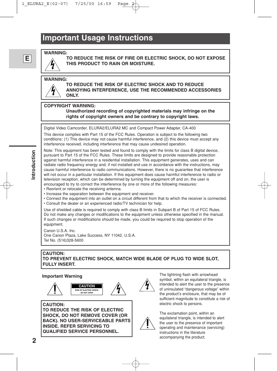 Important usage instructions | Canon Elura 2 MC User Manual | Page 2 / 147