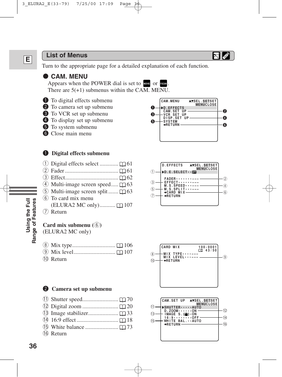 36 e, 22 cam. menu, List of menus | Canon Elura 2 MC User Manual | Page 36 / 147