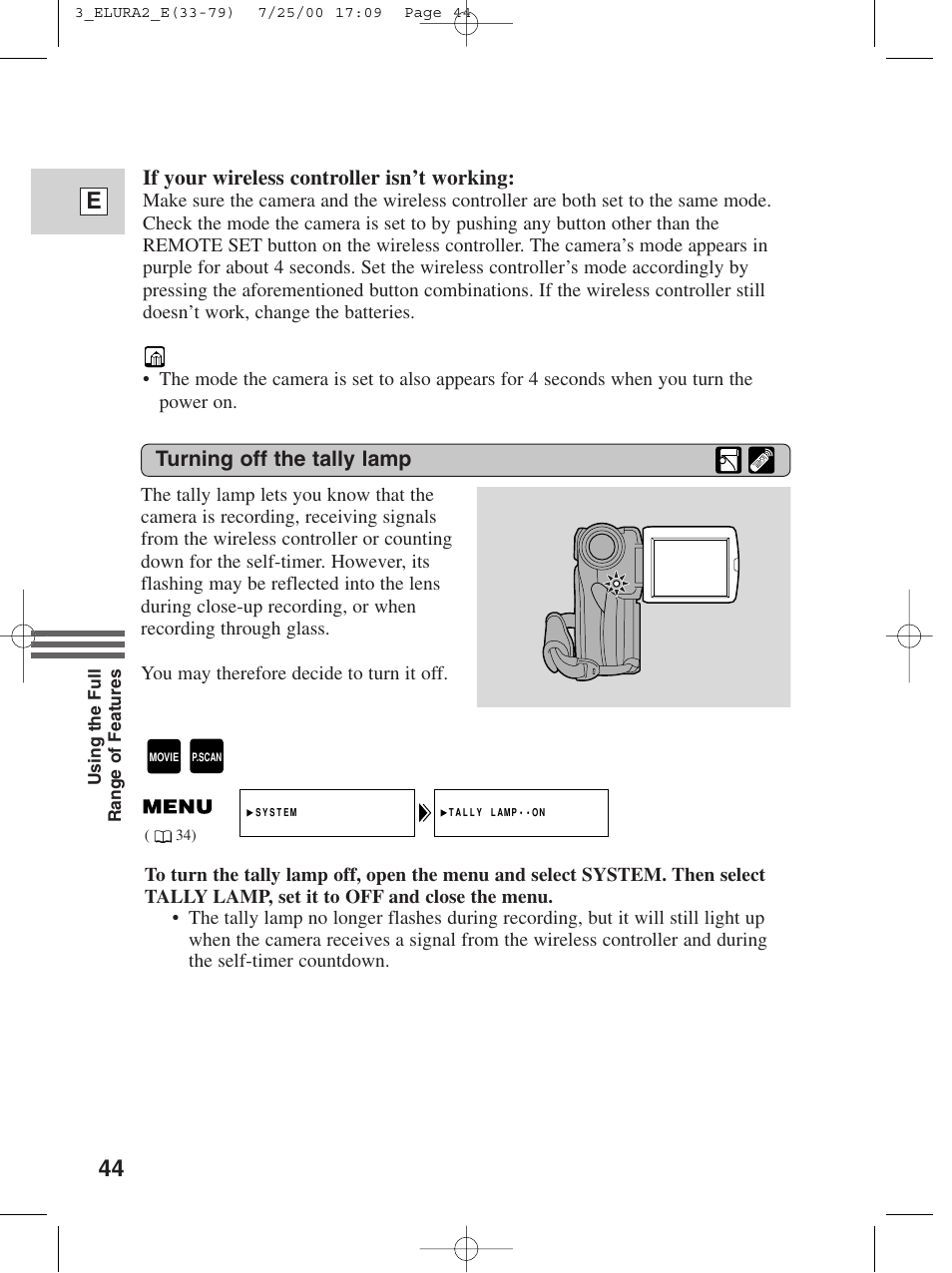 44 e, If your wireless controller isn’t working, Turning off the tally lamp | Canon Elura 2 MC User Manual | Page 44 / 147