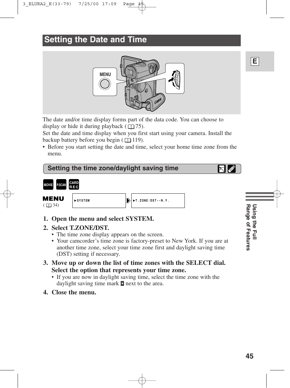 Setting the date and time, 45 e | Canon Elura 2 MC User Manual | Page 45 / 147