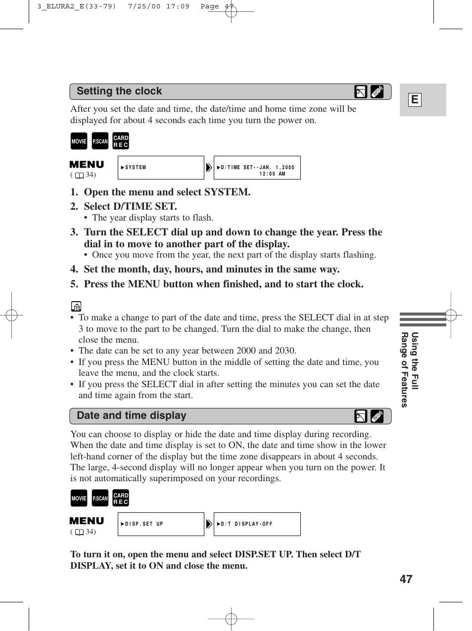 47 e, Setting the clock, Date and time display | Canon Elura 2 MC User Manual | Page 47 / 147