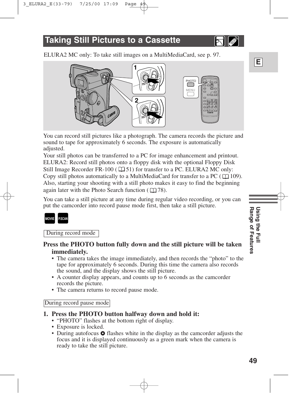 Taking still pictures to a cassette, 49 e | Canon Elura 2 MC User Manual | Page 49 / 147